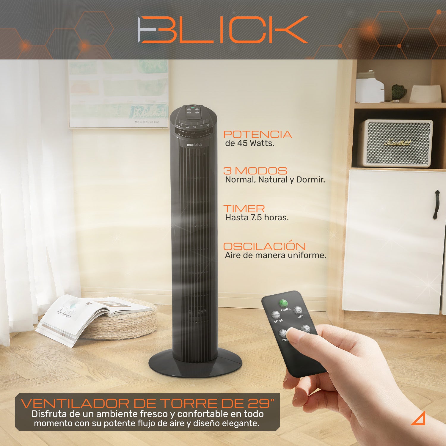 Ventilador De Torre 29 45w 3 Modos  Oscilante 80° Timer Control Remoto