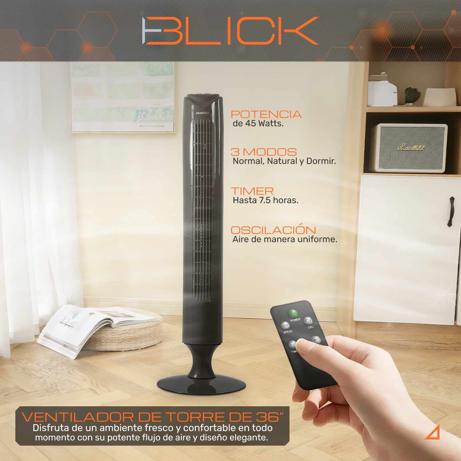 Ventilador Torre Oscilante Blick 36 Pulgadas 3 Velocidades Silencioso Control Remoto